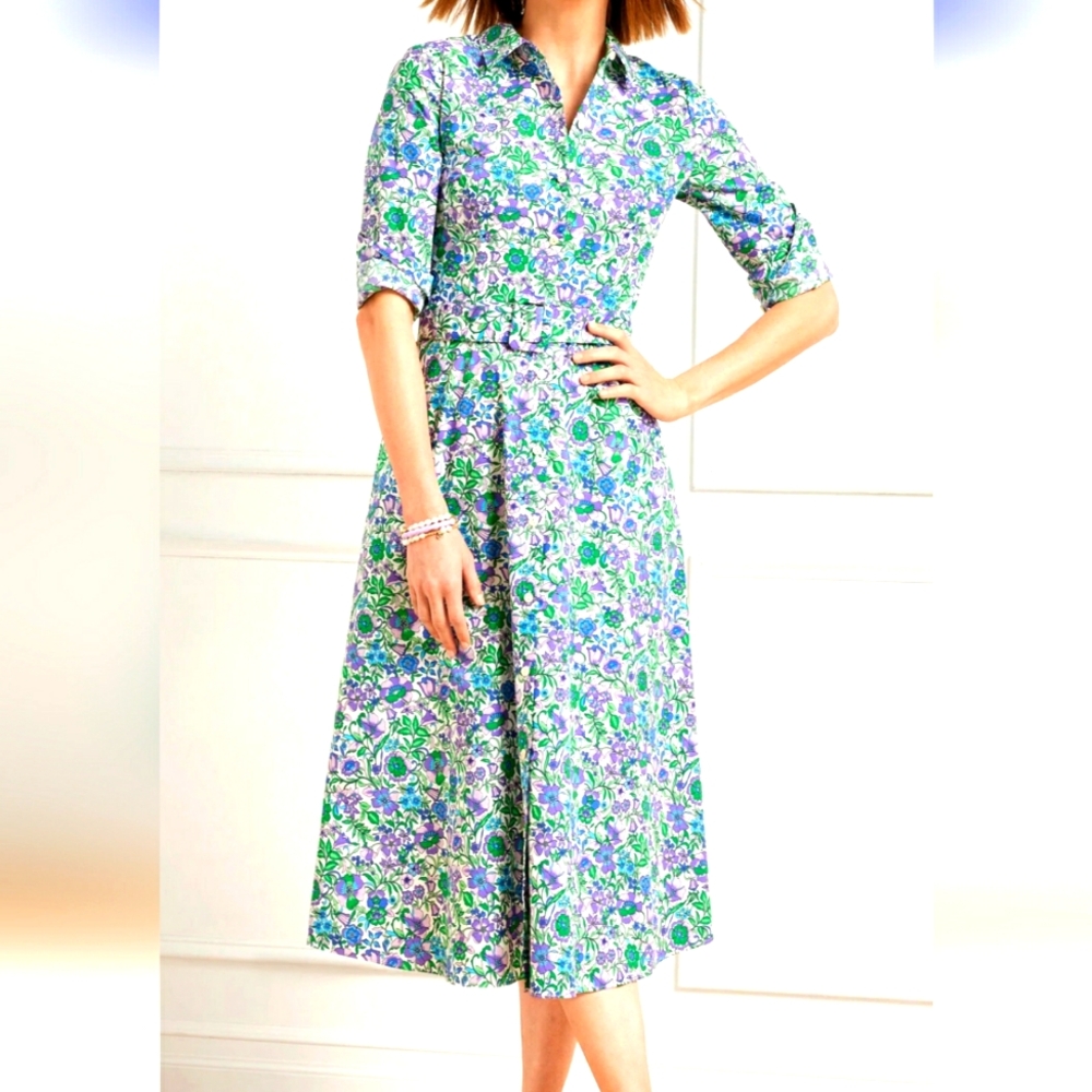 Talbots Blue and Pink A-Line Midi Dress with Notched Collar